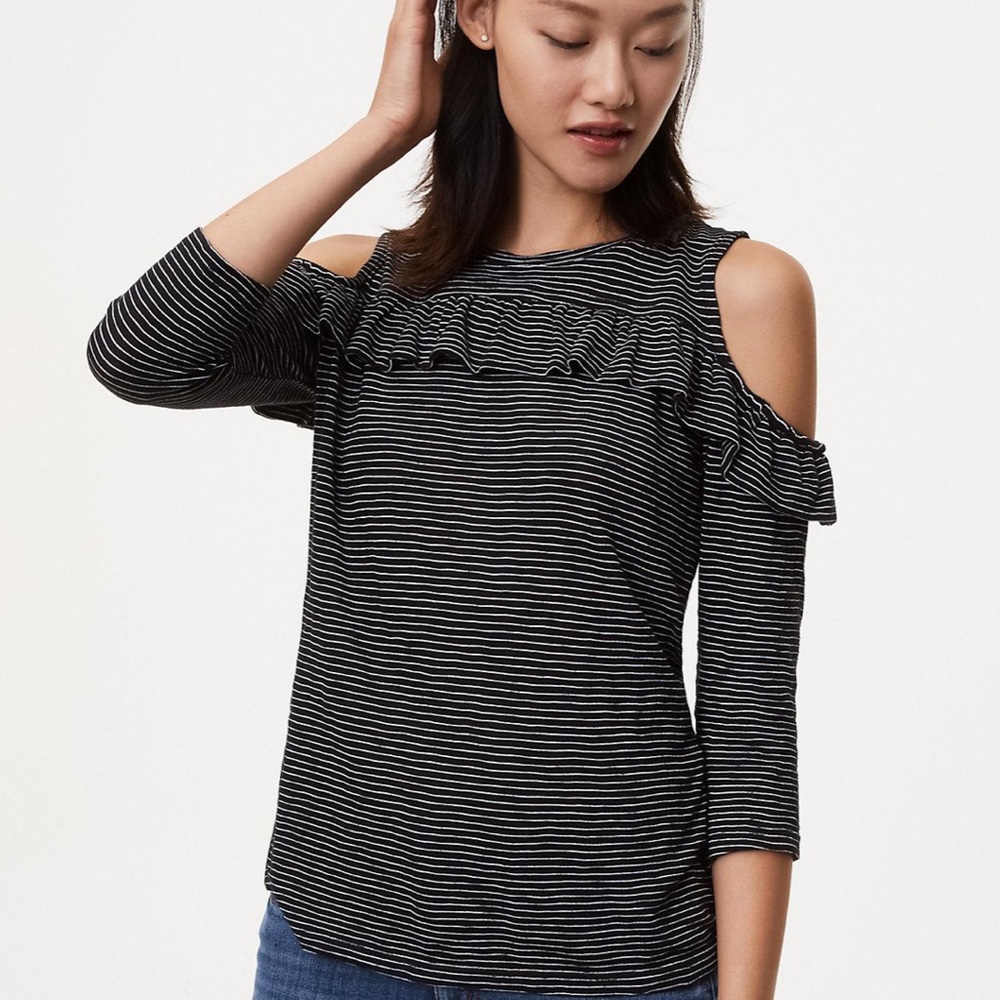 LOFT Striped Cold Shoulder 3/4 Sleeve Ruffle Tee
